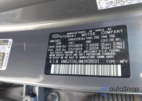 2021 Hyundai Tucson Sel z USA, uszkodzony, nr VIN KM8J33AL9MU408691